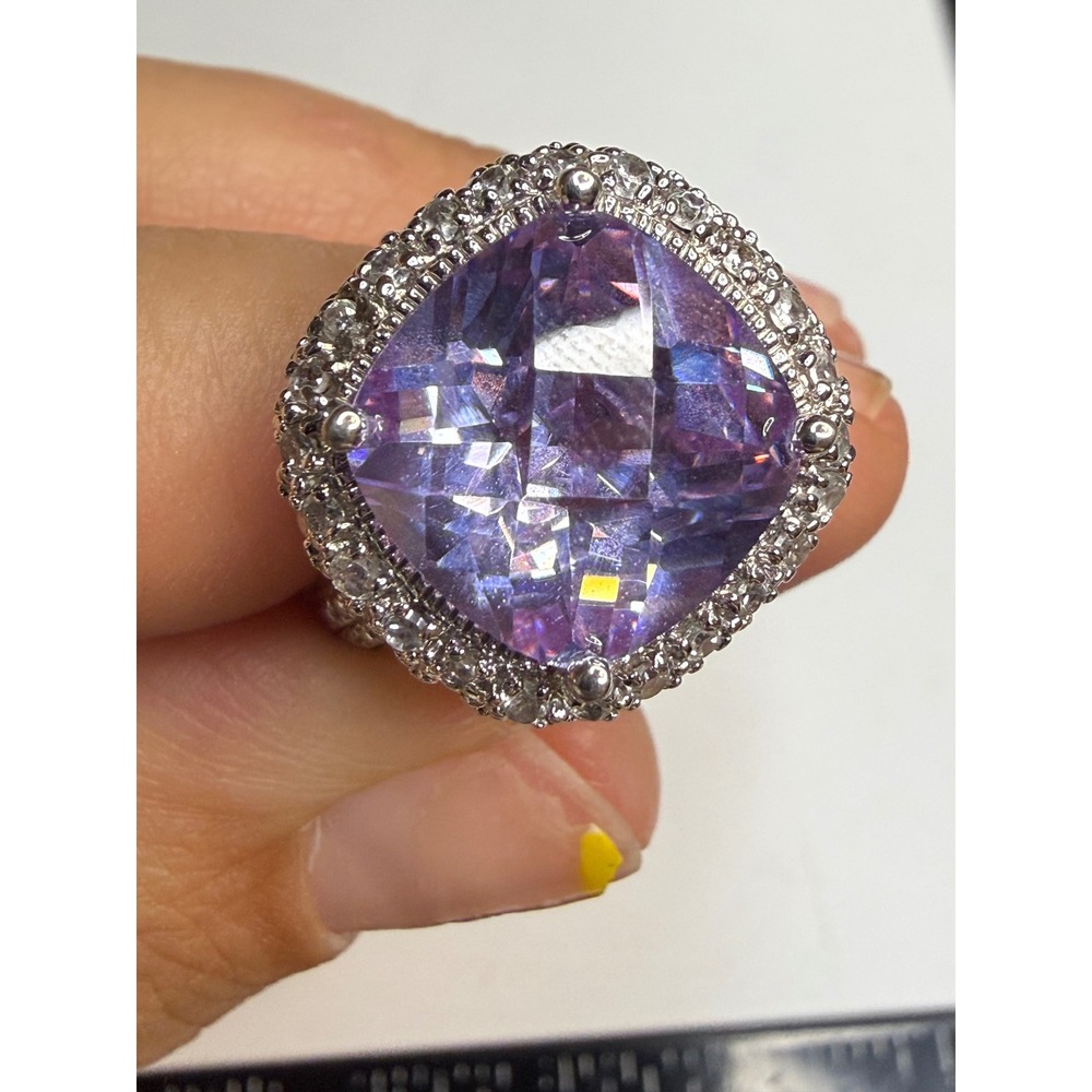 Purple Cushion Cut Faux Amethyst Double Halo Cocktail Ring Silver Tone Size 7.5